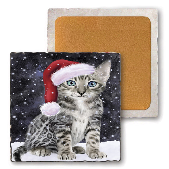 Let it Snow Christmas Holiday Bengal Cat Wearing Santa Hat Set of 4 Natural Stone Marble Tile Coasters MCST49277