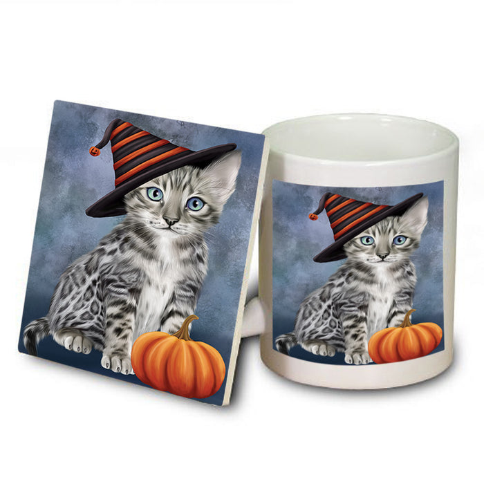 Happy Halloween Bengal Cat Wearing Witch Hat with Pumpkin Mug and Coaster Set MUC54707
