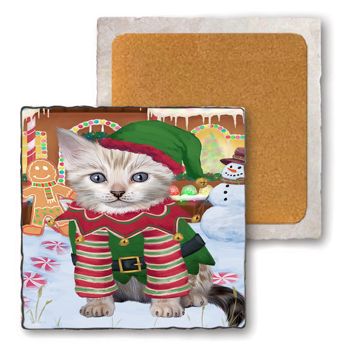 Christmas Gingerbread House Candyfest Bengal Cat Dog Set of 4 Natural Stone Marble Tile Coasters MCST51174