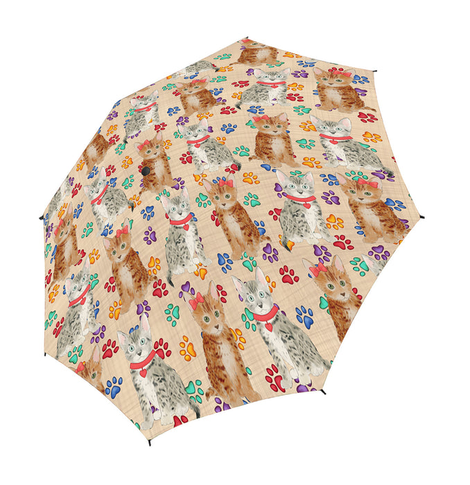 Rainbow Paw Print Bengal Cats Red Semi-Automatic Foldable Umbrella