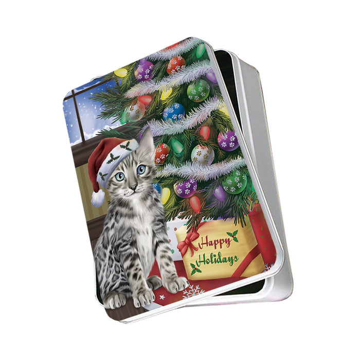 Christmas Happy Holidays Bengal Cat with Tree and Presents Photo Storage Tin PITN53441