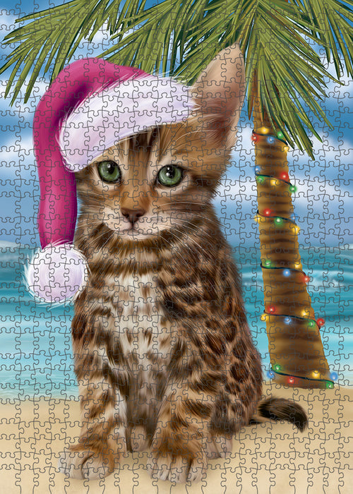 Summertime Happy Holidays Christmas Bengal Cat on Tropical Island Beach Puzzle  PUZL85296
