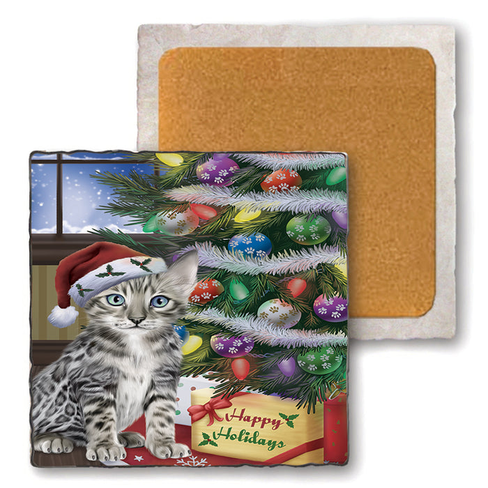 Christmas Happy Holidays Bengal Cat with Tree and Presents Set of 4 Natural Stone Marble Tile Coasters MCST48441