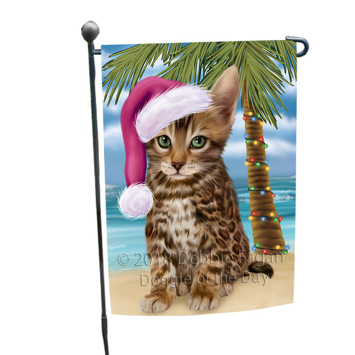 Summertime Happy Holidays Christmas Bengal Cat on Tropical Island Beach Garden Flag GFLG54597