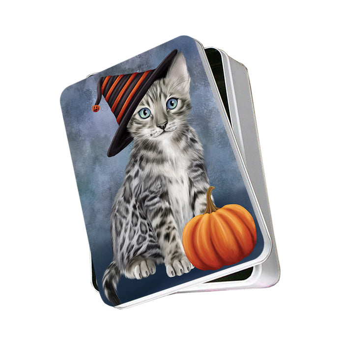 Happy Halloween Bengal Cat Wearing Witch Hat with Pumpkin Photo Storage Tin PITN54658