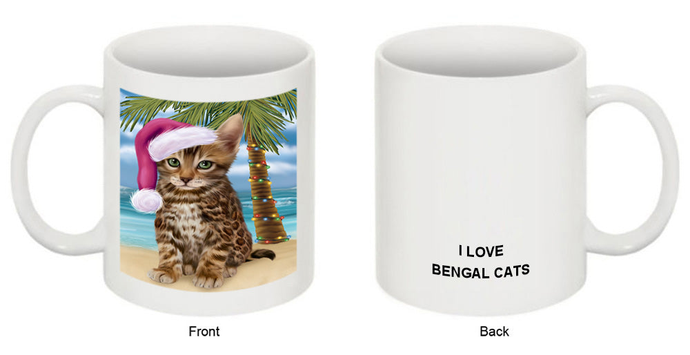 Summertime Happy Holidays Christmas Bengal Cat on Tropical Island Beach Coffee Mug MUG49805