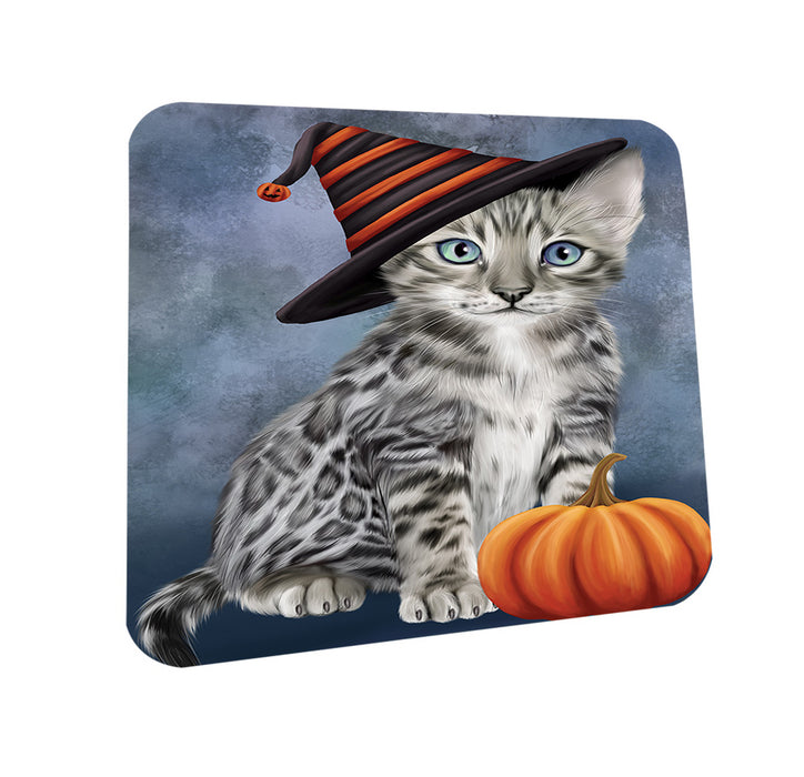 Happy Halloween Bengal Cat Wearing Witch Hat with Pumpkin Coasters Set of 4 CST54673