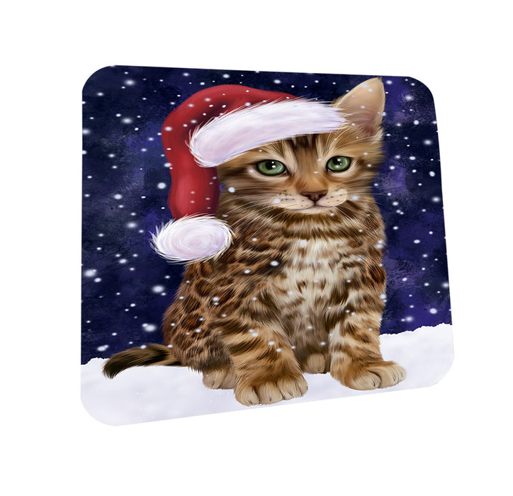 Let it Snow Christmas Holiday Bengal Cat Wearing Santa Hat Coasters Set of 4 CST54236