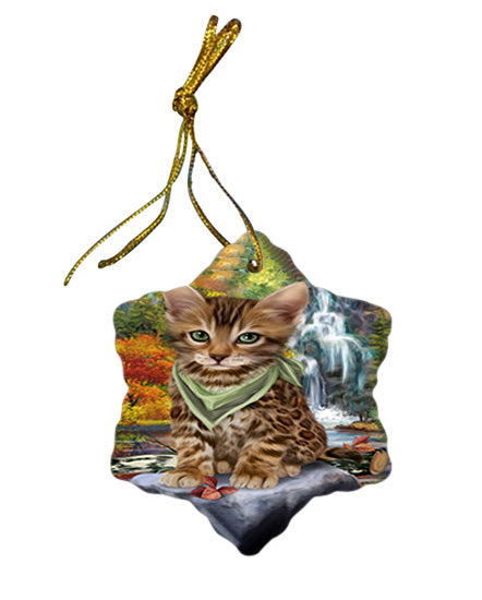Scenic Waterfall Bengal Cat Star Porcelain Ornament SPOR51816