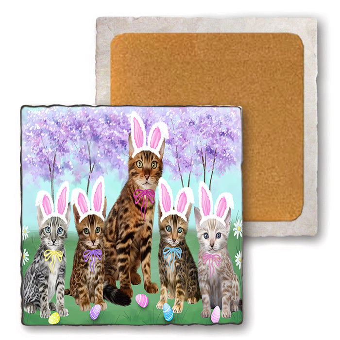 Easter Holiday Bengal Cats Set of 4 Natural Stone Marble Tile Coasters MCST51874