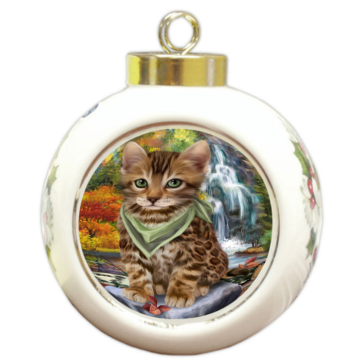 Scenic Waterfall Bengal Cat Round Ball Christmas Ornament RBPOR51825