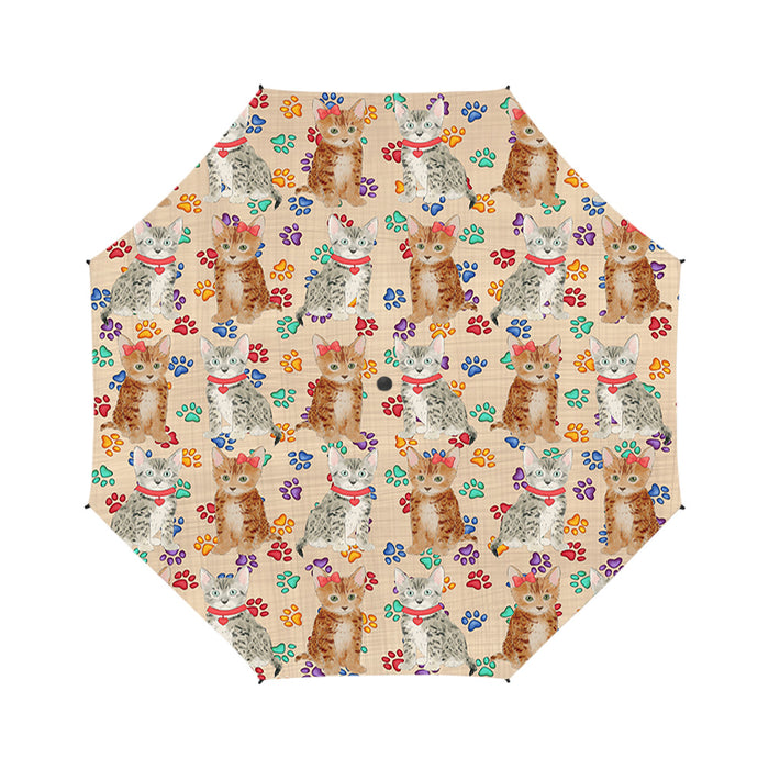 Rainbow Paw Print Bengal Cats Red Semi-Automatic Foldable Umbrella
