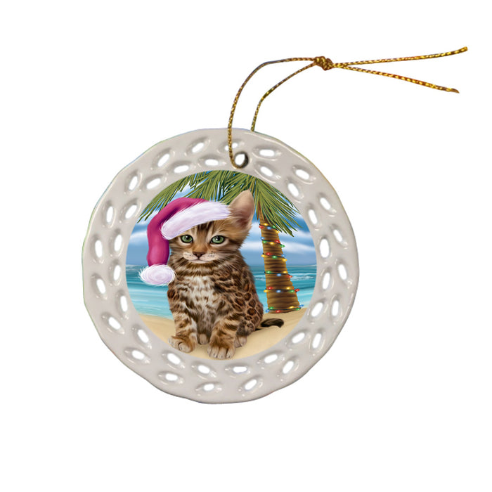 Summertime Happy Holidays Christmas Bengal Cat on Tropical Island Beach Ceramic Doily Ornament DPOR54535