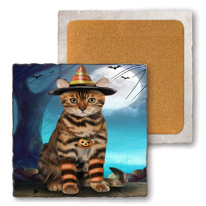 Happy Halloween Trick or Treat Bengal Cat Set of 4 Natural Stone Marble Tile Coasters MCST49497