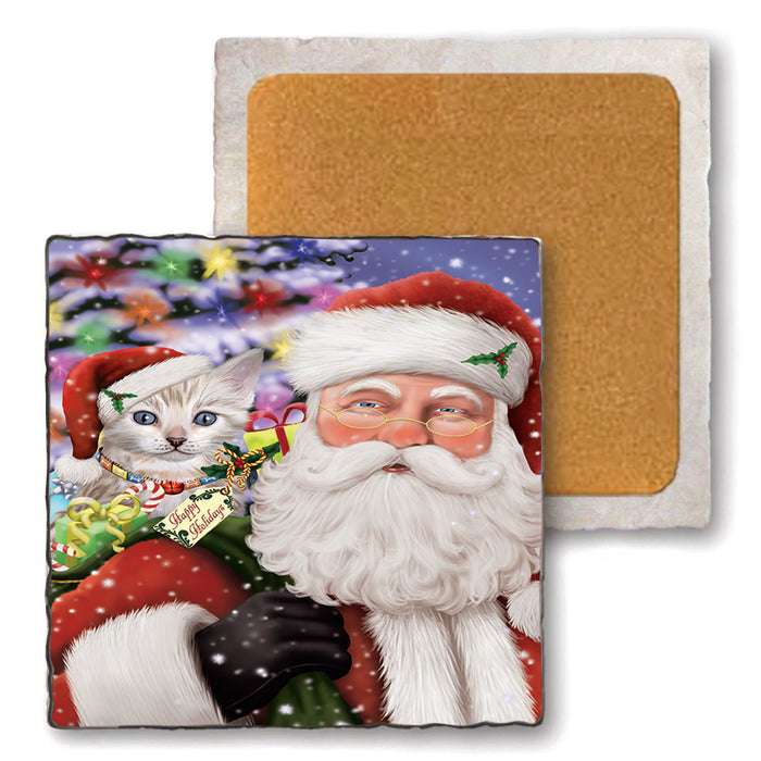 Santa Carrying Bengal Cat and Christmas Presents Set of 4 Natural Stone Marble Tile Coasters MCST48672