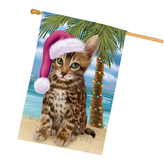 Summertime Happy Holidays Christmas Bengal Cat on Tropical Island Beach House Flag FLG54733