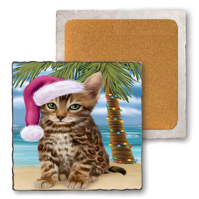 Summertime Happy Holidays Christmas Bengal Cat on Tropical Island Beach Set of 4 Natural Stone Marble Tile Coasters MCST49407