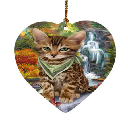 Scenic Waterfall Bengal Cat Heart Christmas Ornament HPOR51825
