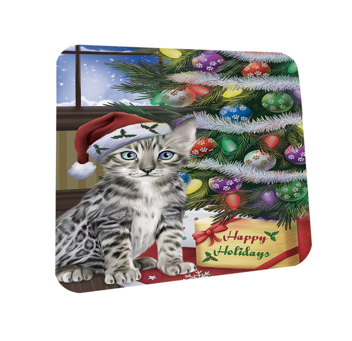 Christmas Happy Holidays Bengal Cat with Tree and Presents Coasters Set of 4 CST53399