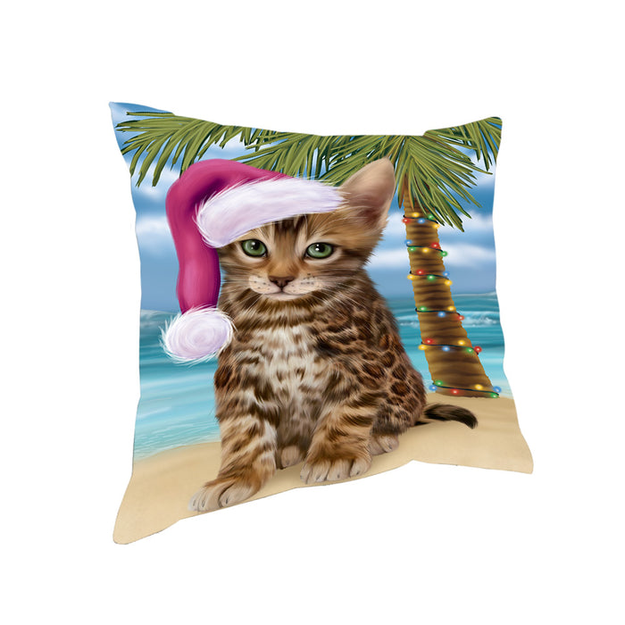Summertime Happy Holidays Christmas Bengal Cat on Tropical Island Beach Pillow PIL74764