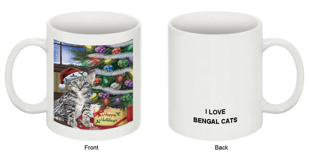 Christmas Happy Holidays Bengal Cat with Tree and Presents Coffee Mug MUG48839