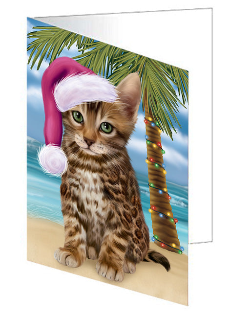 Summertime Happy Holidays Christmas Bengal Cat on Tropical Island Beach Handmade Artwork Assorted Pets Greeting Cards and Note Cards with Envelopes for All Occasions and Holiday Seasons GCD67634