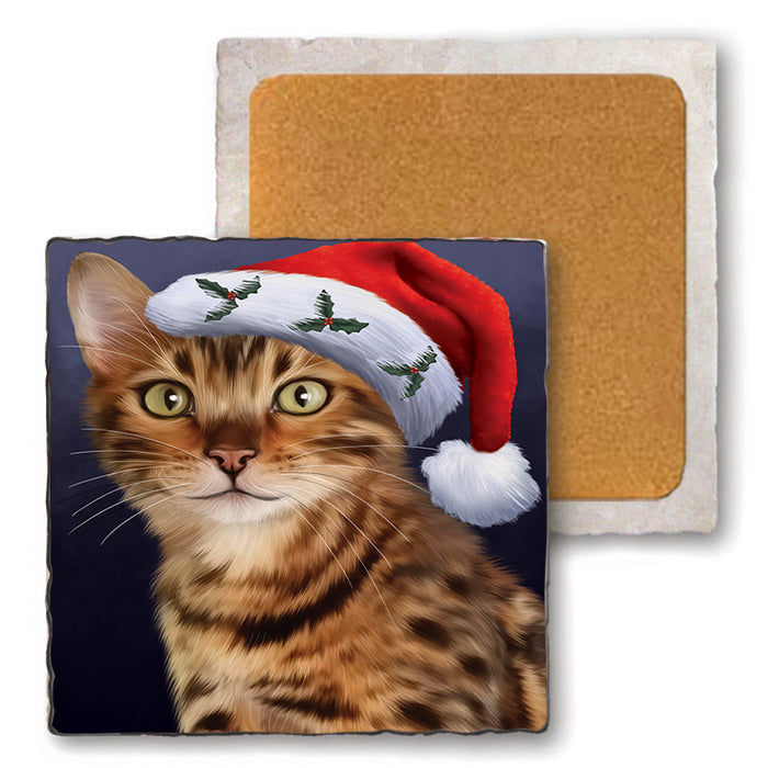 Christmas Holidays Bengal Cat Wearing Santa Hat Portrait Head Set of 4 Natural Stone Marble Tile Coasters MCST48490