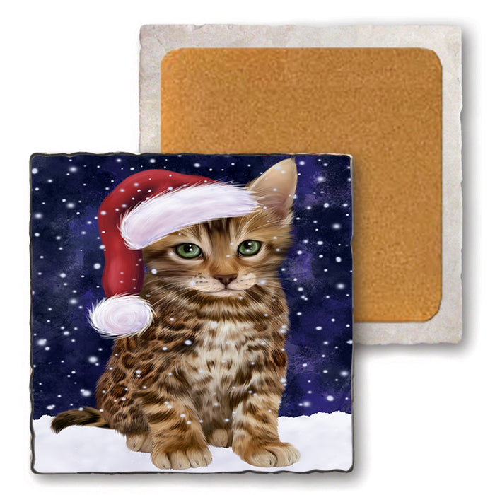 Let it Snow Christmas Holiday Bengal Cat Wearing Santa Hat Set of 4 Natural Stone Marble Tile Coasters MCST49278