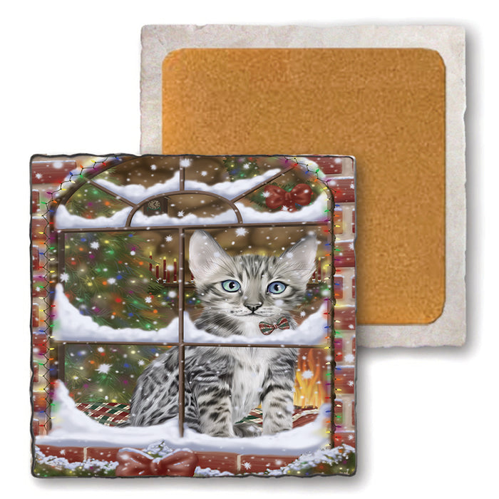 Please Come Home For Christmas Bengal Cat Sitting In Window Set of 4 Natural Stone Marble Tile Coasters MCST48615