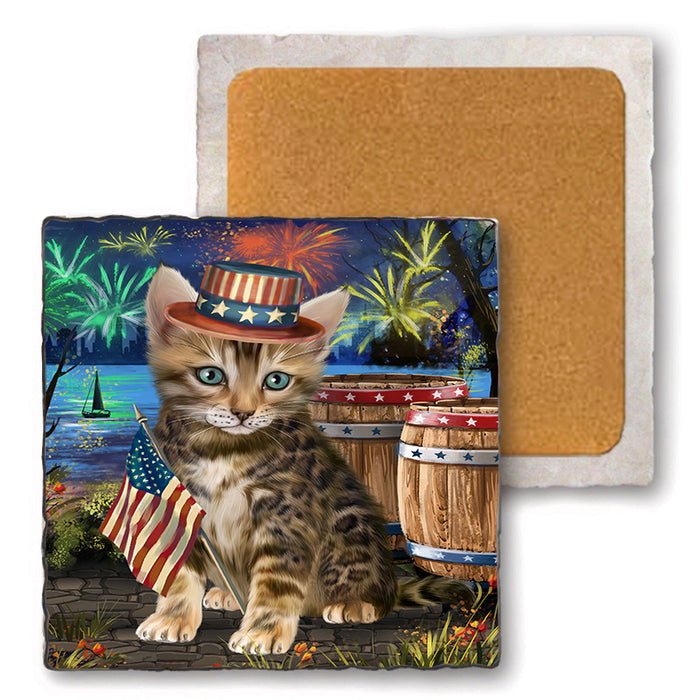 4th of July Independence Day Firework Bengal Cat Set of 4 Natural Stone Marble Tile Coasters MCST49033