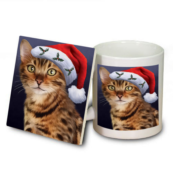 Christmas Holidays Bengal Cat Wearing Santa Hat Portrait Head Mug and Coaster Set MUC53482