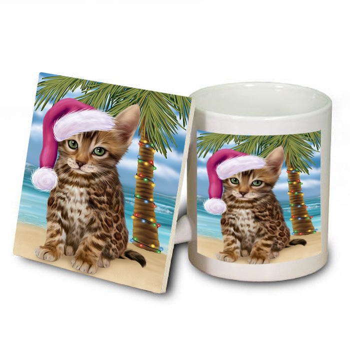 Summertime Happy Holidays Christmas Bengal Cat on Tropical Island Beach Mug and Coaster Set MUC54399