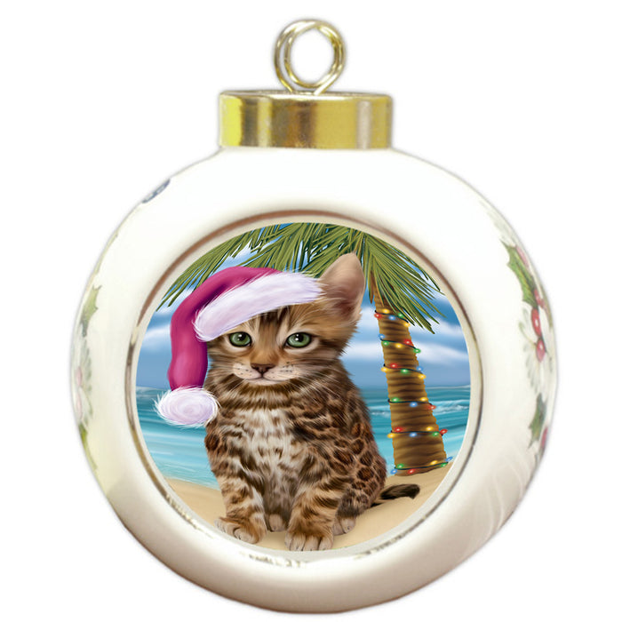 Summertime Happy Holidays Christmas Bengal Cat on Tropical Island Beach Round Ball Christmas Ornament RBPOR54535