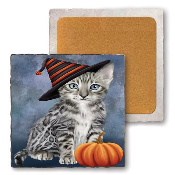 Happy Halloween Bengal Cat Wearing Witch Hat with Pumpkin Set of 4 Natural Stone Marble Tile Coasters MCST49715