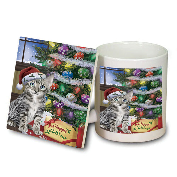 Christmas Happy Holidays Bengal Cat with Tree and Presents Mug and Coaster Set MUC53433