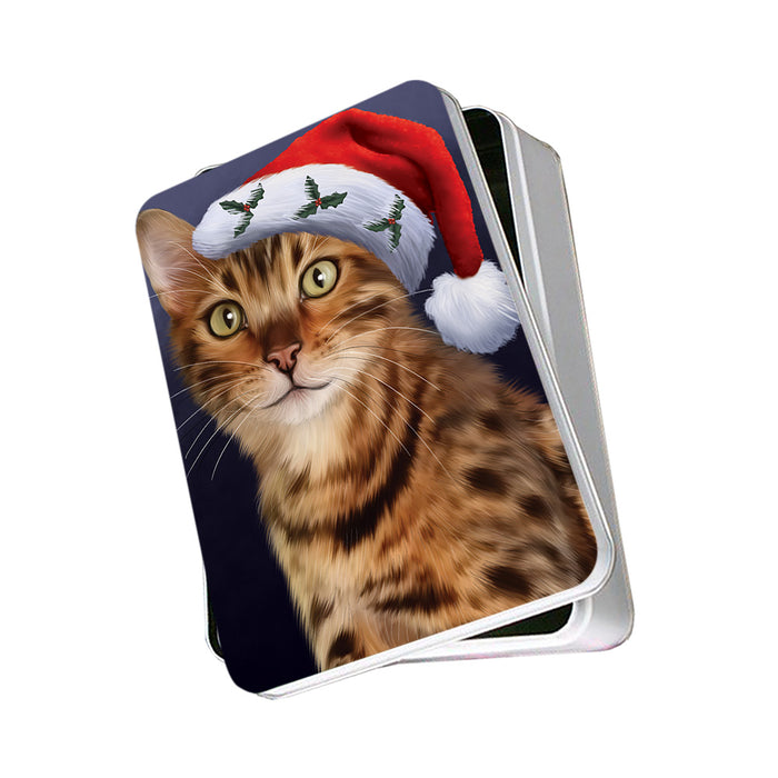 Christmas Holidays Bengal Cat Wearing Santa Hat Portrait Head Photo Storage Tin PITN53490