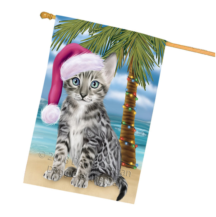 Summertime Happy Holidays Christmas Bengal Cat on Tropical Island Beach House Flag FLG54734