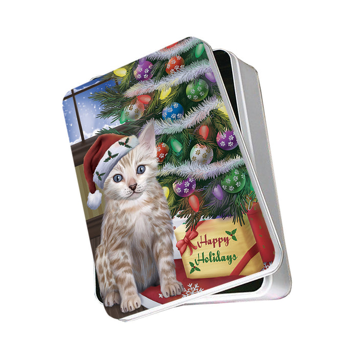 Christmas Happy Holidays Bengal Cat with Tree and Presents Photo Storage Tin PITN53442