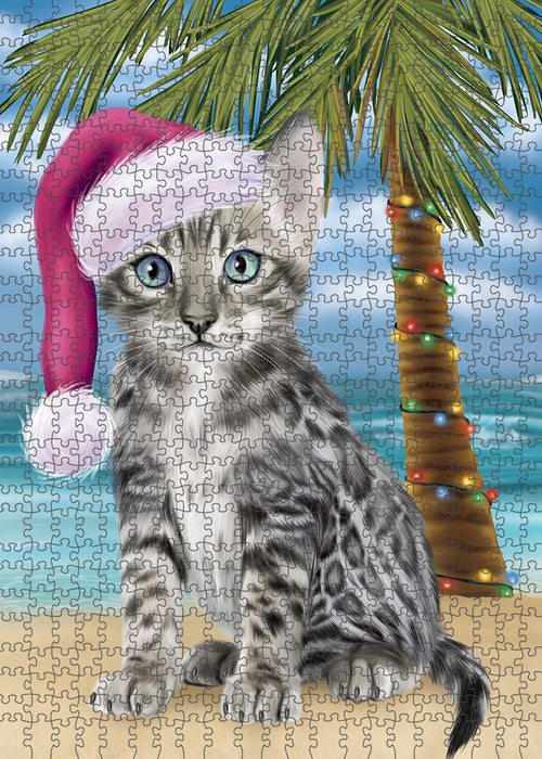 Summertime Happy Holidays Christmas Bengal Cat on Tropical Island Beach Puzzle with Photo Tin PUZL85300