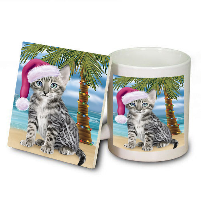 Summertime Happy Holidays Christmas Bengal Cat on Tropical Island Beach Mug and Coaster Set MUC54400