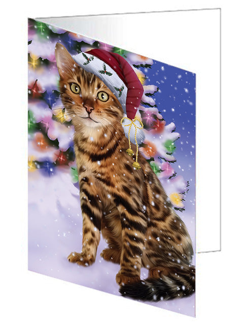 Winterland Wonderland Bengal Cat In Christmas Holiday Scenic Background Handmade Artwork Assorted Pets Greeting Cards and Note Cards with Envelopes for All Occasions and Holiday Seasons GCD65225
