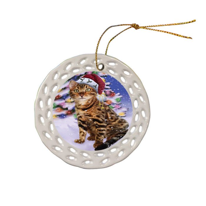 Winterland Wonderland Bengal Cat In Christmas Holiday Scenic Background Ceramic Doily Ornament DPOR53732
