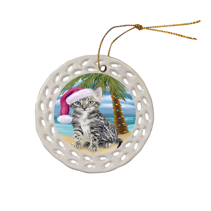 Summertime Happy Holidays Christmas Bengal Cat on Tropical Island Beach Ceramic Doily Ornament DPOR54536