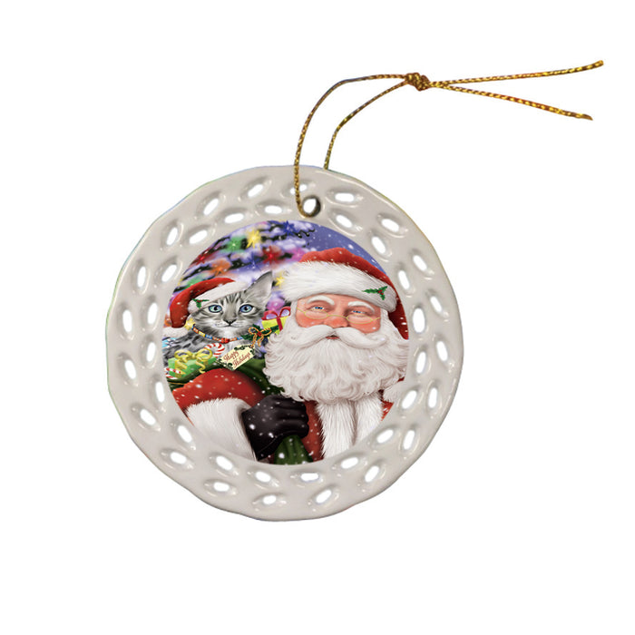 Santa Carrying Bengal Cat and Christmas Presents Ceramic Doily Ornament DPOR53673