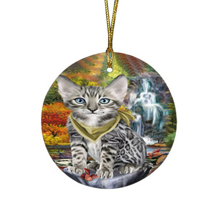 Scenic Waterfall Bengal Cat Round Flat Christmas Ornament RFPOR51817