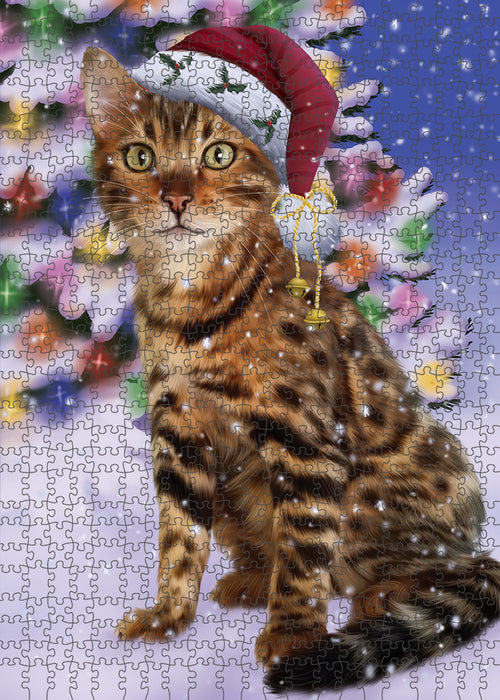 Winterland Wonderland Bengal Cat In Christmas Holiday Scenic Background Puzzle with Photo Tin PUZL82084