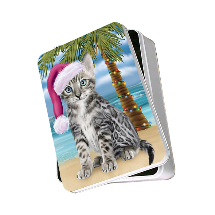 Summertime Happy Holidays Christmas Bengal Cat on Tropical Island Beach Photo Storage Tin PITN54351