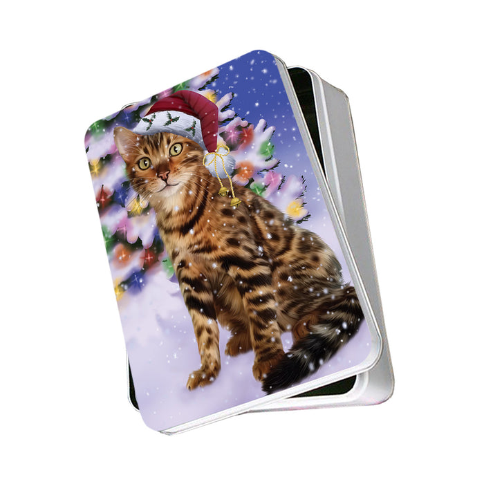 Winterland Wonderland Bengal Cat In Christmas Holiday Scenic Background Photo Storage Tin PITN53675
