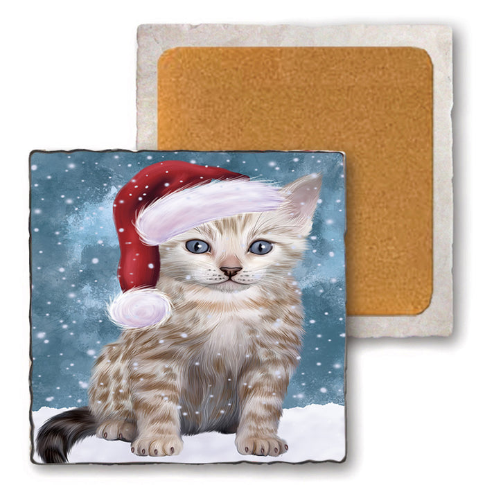 Let it Snow Christmas Holiday Bengal Cat Wearing Santa Hat Set of 4 Natural Stone Marble Tile Coasters MCST49279