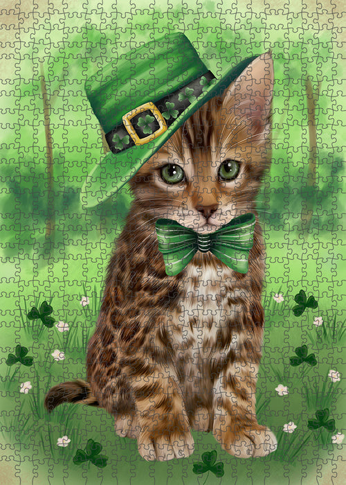 St. Patricks Day Irish Portrait Bengal Cat Portrait Jigsaw Puzzle for Adults Animal Interlocking Puzzle Game Unique Gift for Dog Lover's with Metal Tin Box PZL022